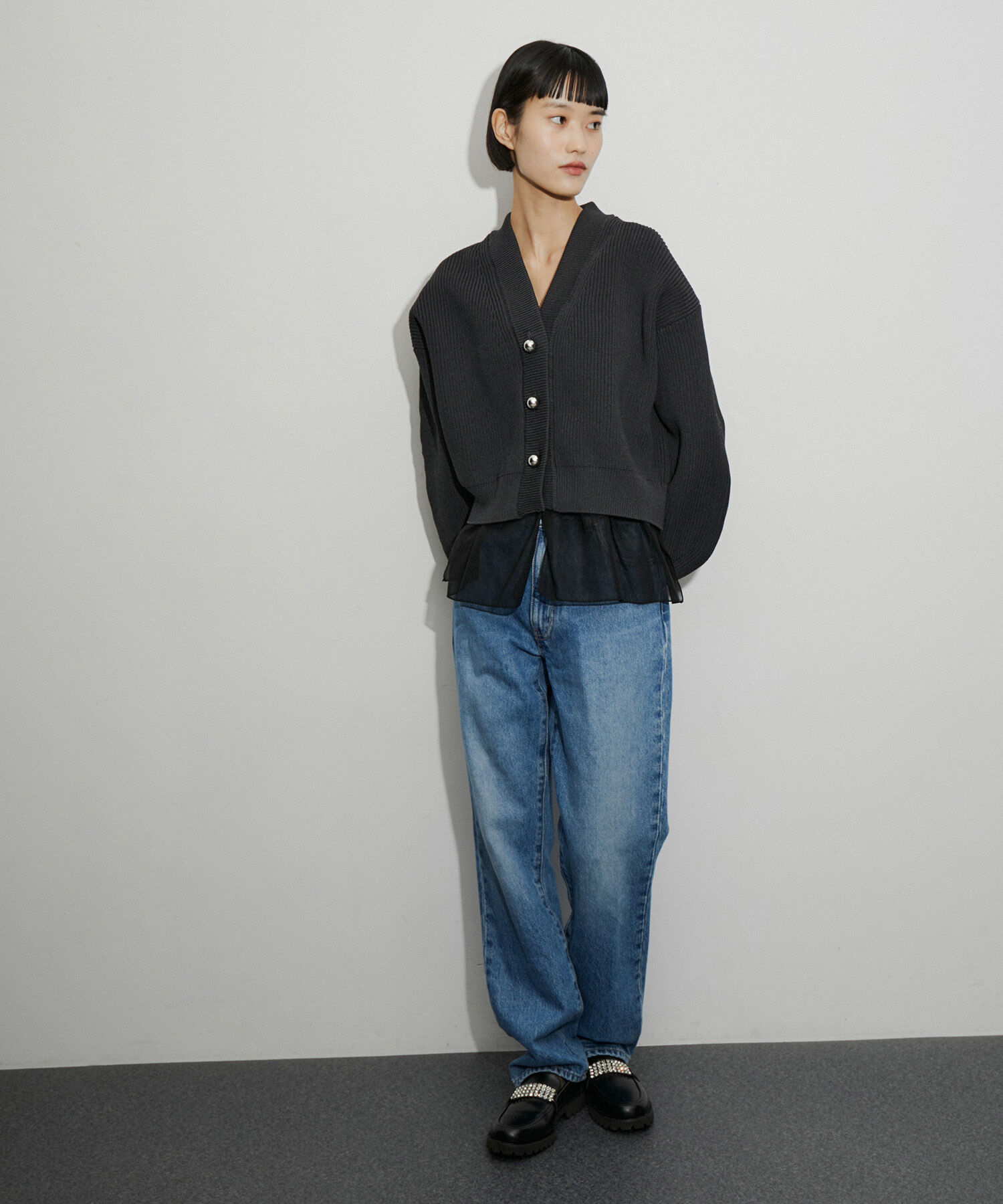 ADAM ET ROPE'「【サステナブル】シアーペプラムカーディガン」|カーディガン|