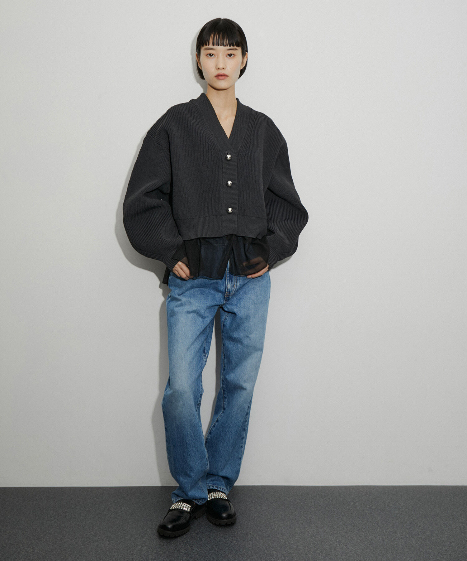 ADAM ET ROPE'「【サステナブル】シアーペプラムカーディガン」|カーディガン|