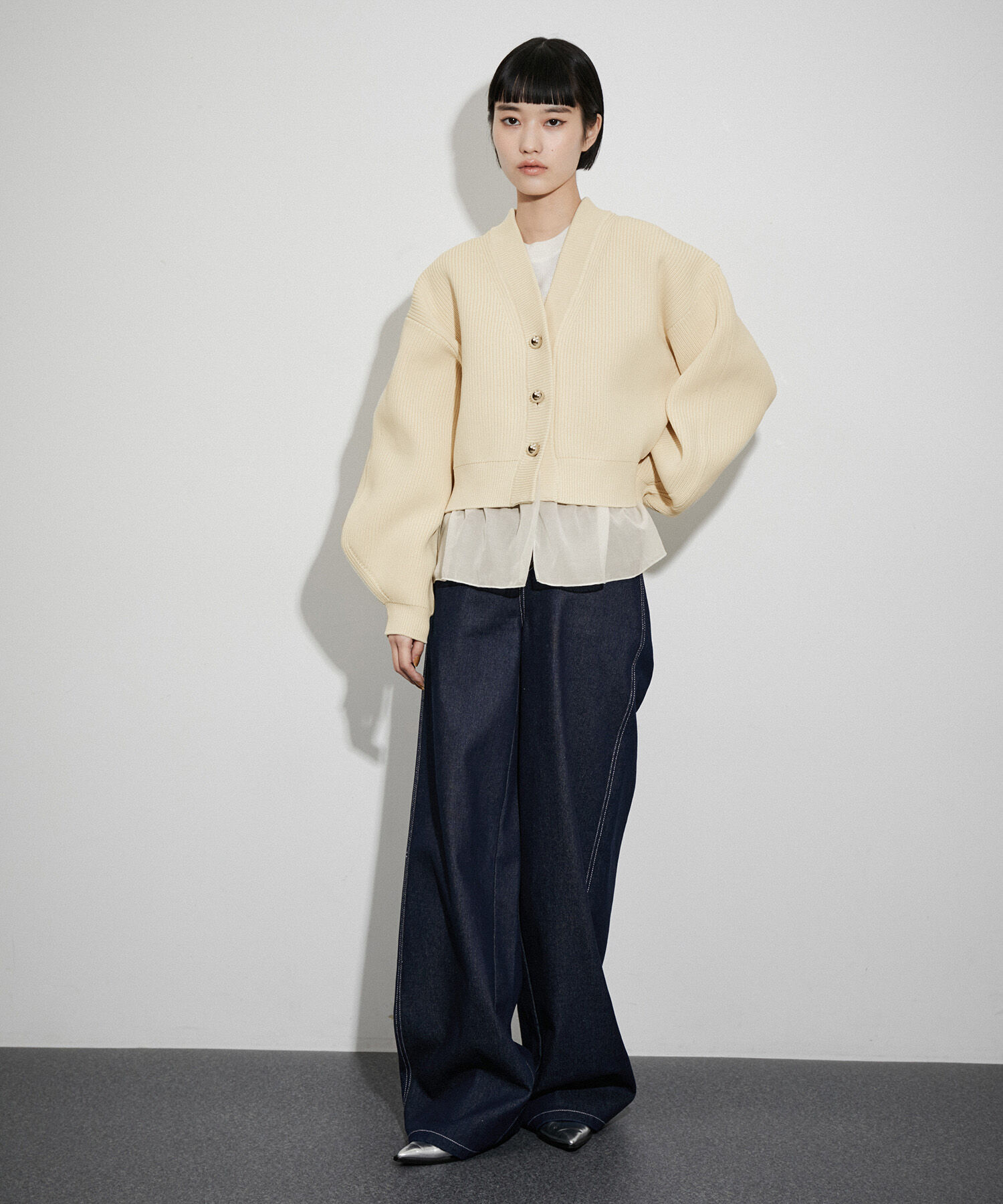 ADAM ET ROPE'「【サステナブル】シアーペプラムカーディガン」|カーディガン|