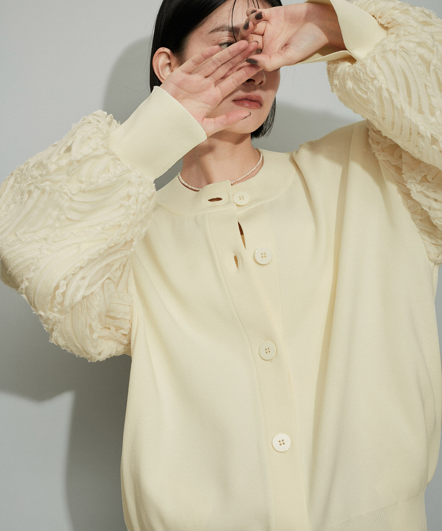 ADAM ET ROPE'「【WEB限定・洗える】柄チュールクルーネックミドルカーディガン」|カーディガン|