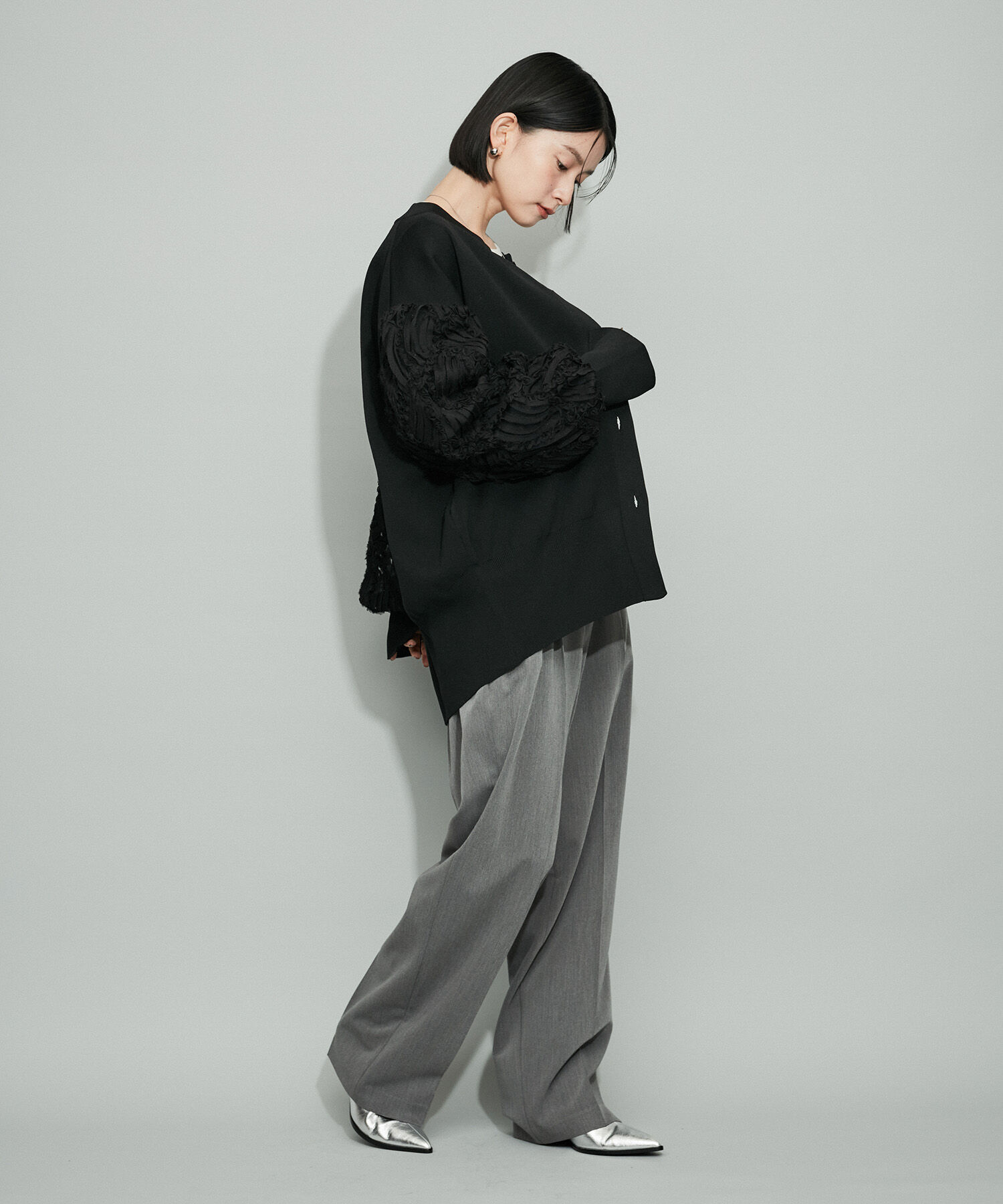 ADAM ET ROPE'「【WEB限定・洗える】柄チュールクルーネックミドルカーディガン」|カーディガン|