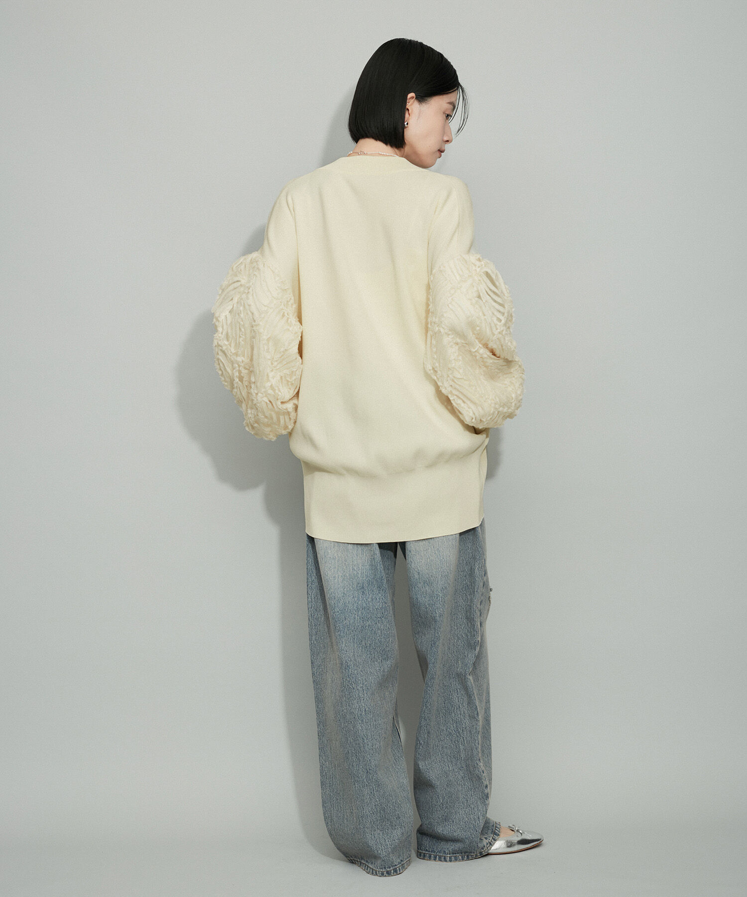 ADAM ET ROPE'「【WEB限定・洗える】柄チュールクルーネックミドルカーディガン」|カーディガン|