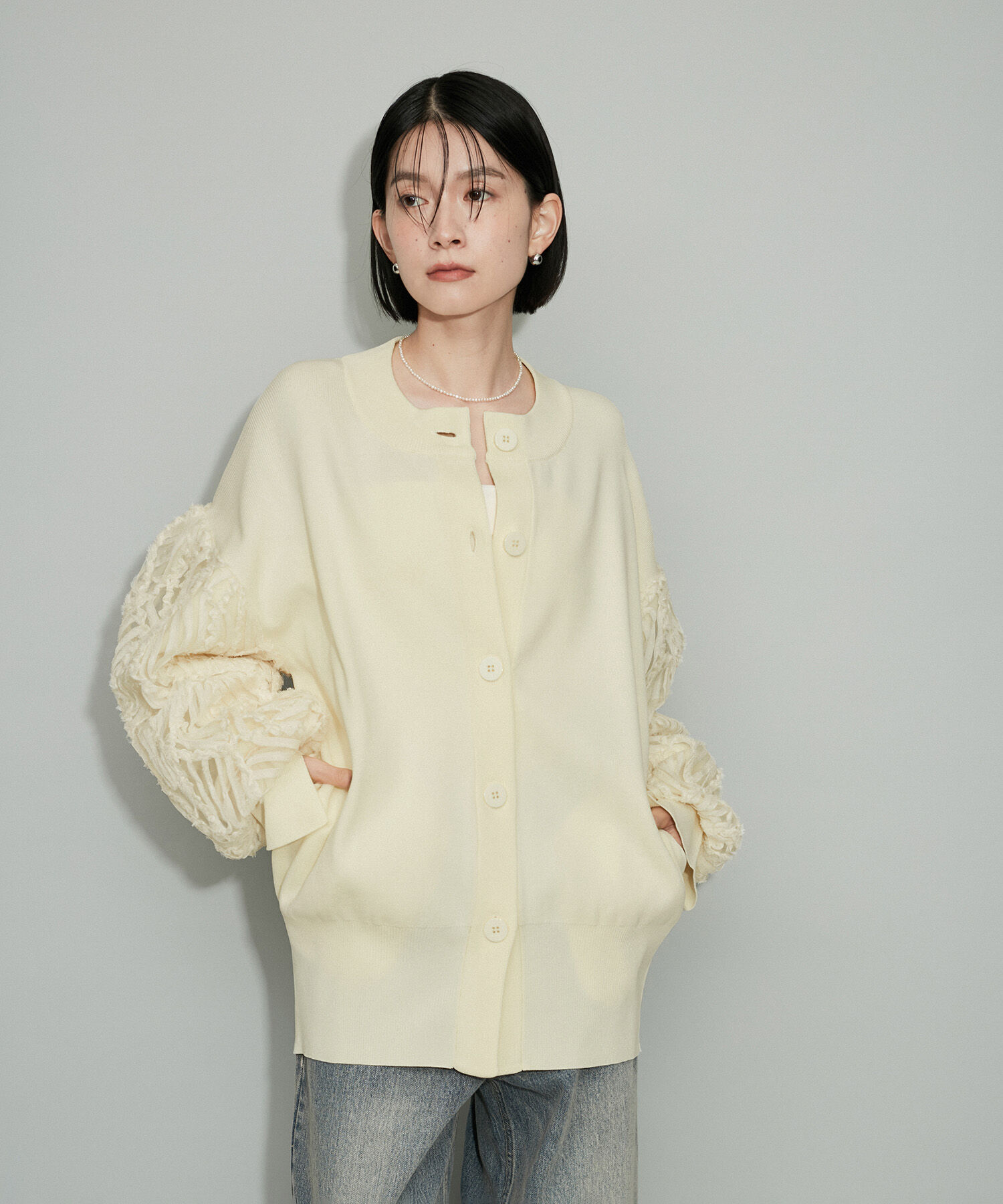 ADAM ET ROPE'「【WEB限定・洗える】柄チュールクルーネックミドルカーディガン」|カーディガン|