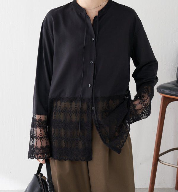  「ボウタイ裾レース切替シャツ」|シャツ・ブラウス|