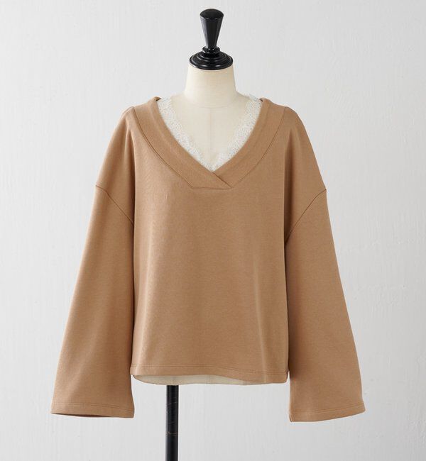  「【上品見え/小顔効果】レース付Vスウェット」|Tシャツ・カットソー|