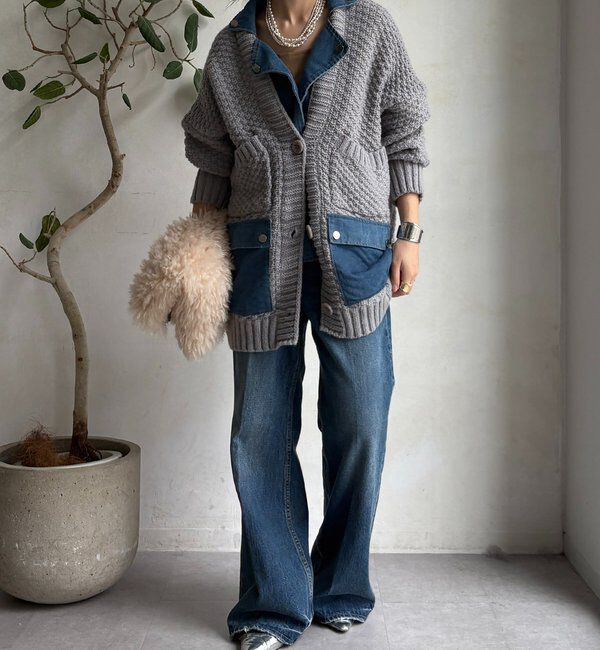 「【WEB限定】デニム切替ニットッジャケット」|カーディガン|