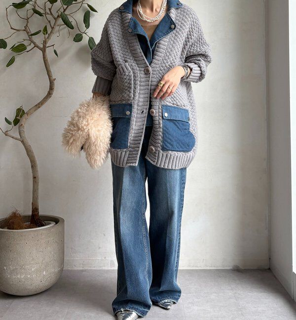  「【WEB限定】デニム切替ニットッジャケット」|カーディガン|