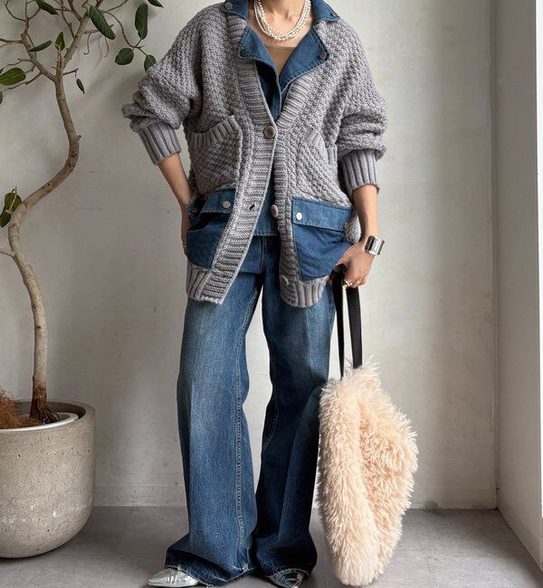  「【WEB限定】デニム切替ニットッジャケット」|カーディガン|