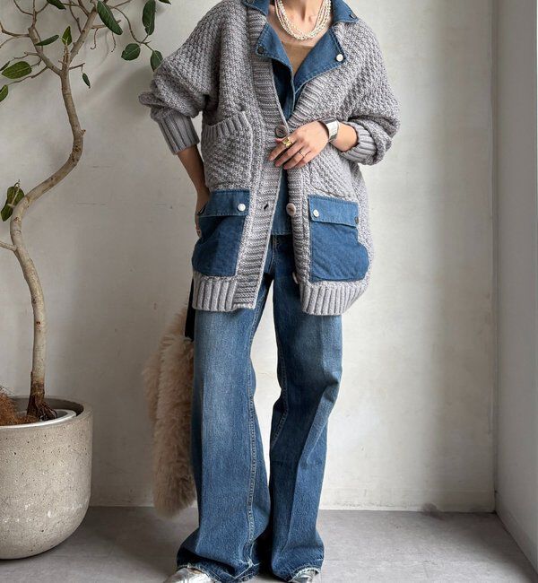  「【WEB限定】デニム切替ニットッジャケット」|カーディガン|