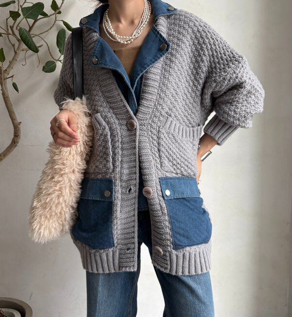  「【WEB限定】デニム切替ニットッジャケット」|カーディガン|