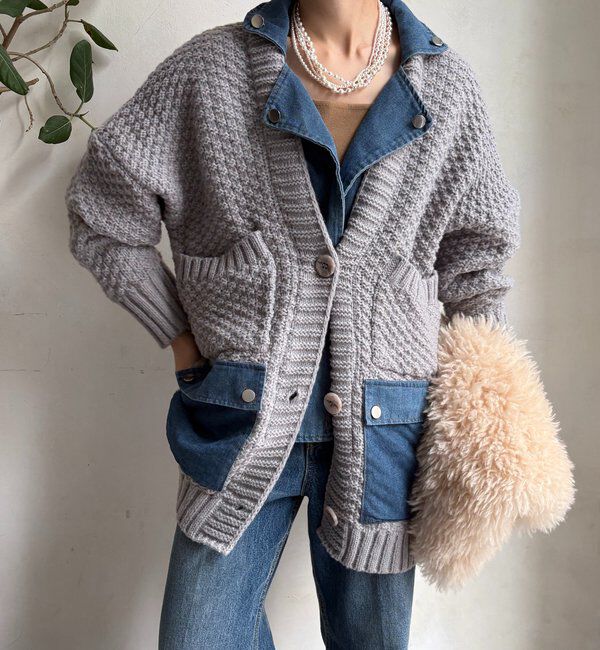  「【WEB限定】デニム切替ニットッジャケット」|カーディガン|