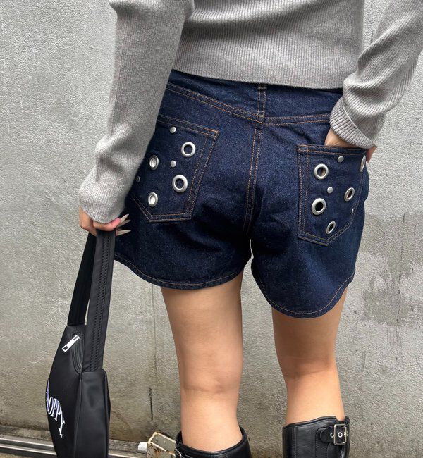  「EYELET DENIM SHORTS」|デニム|ネイビー