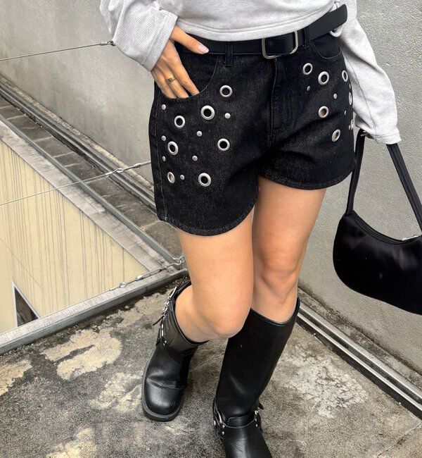 「EYELET DENIM SHORTS」|デニム|ブラック