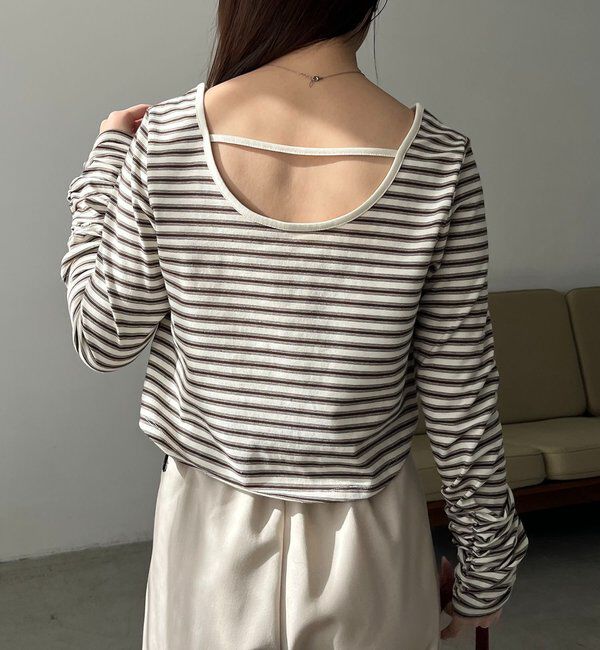  「バックUネッククロップボーダーTシャツ」|Tシャツ・カットソー|