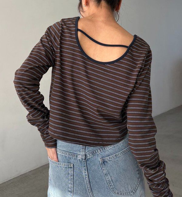  「バックUネッククロップボーダーTシャツ」|Tシャツ・カットソー|ブラウン
