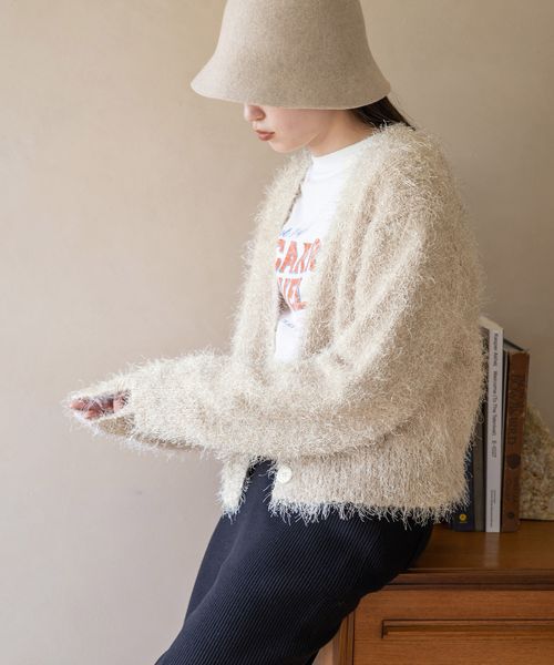 LOWRYS FARM「【ご自身の体形に合わせて選べるショート＆ロング丈あり】ラメシャギーカーディガンＬＳ」|カーディガン|オフ