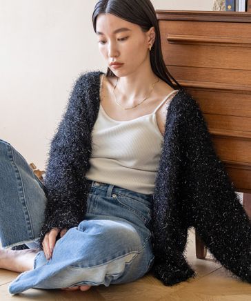 LOWRYS FARM「【ご自身の体形に合わせて選べるショート＆ロング丈あり】ラメシャギーカーディガンＬＳ」|カーディガン|ブラック