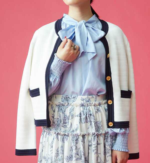 TIARA「ヘリンボーンショートカーディガン」|カーディガン|オフ&times;ネイビー