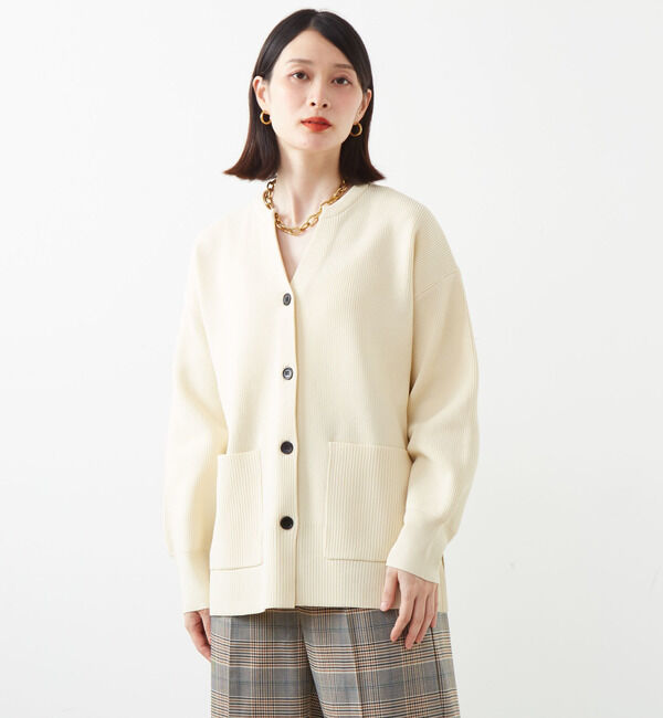 Soffitto「配色ボタンV開きミドル丈カーディガン」|カーディガン|オフホワイト