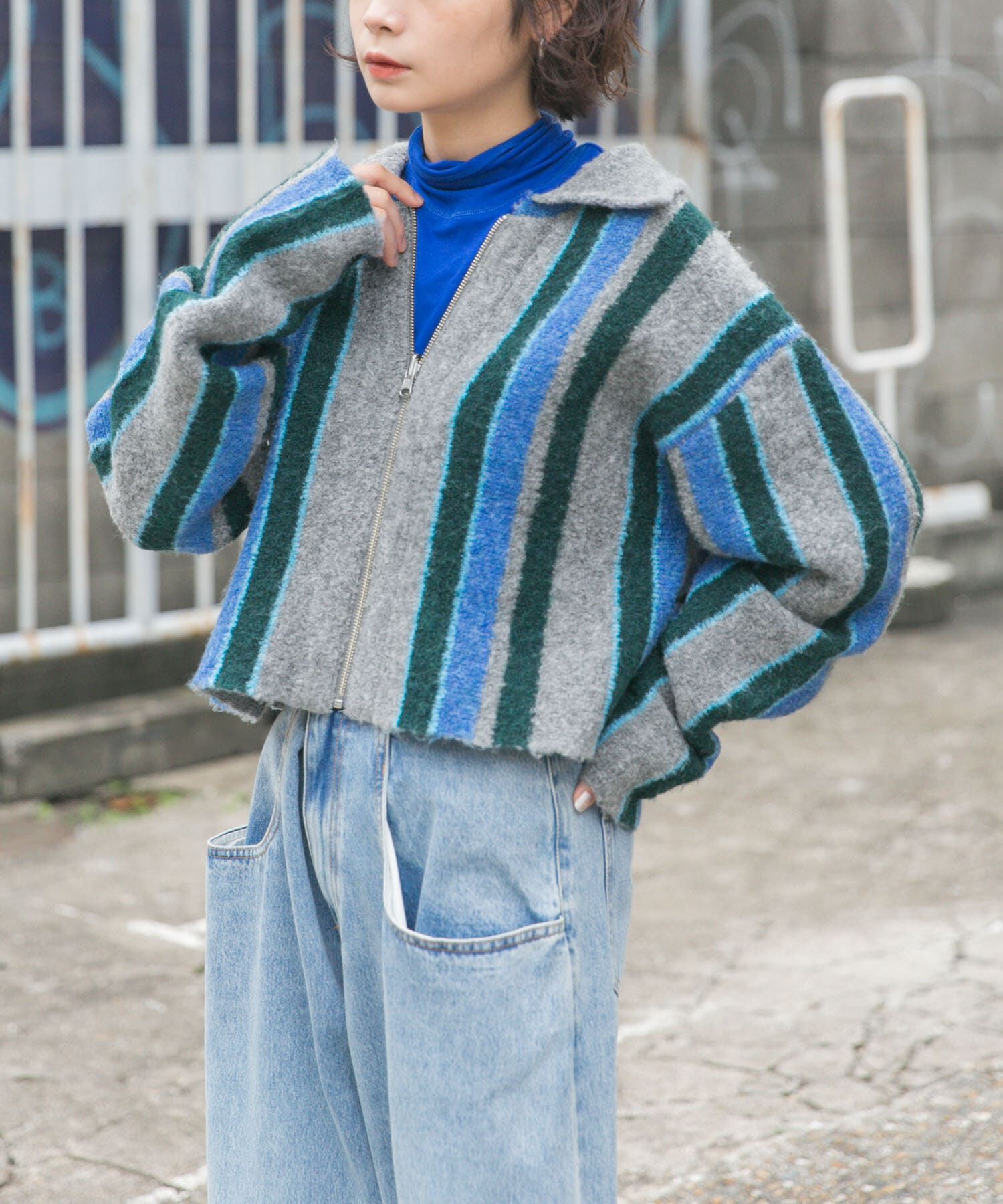 「フロントZIPストライプカーディガン」|カーディガン|