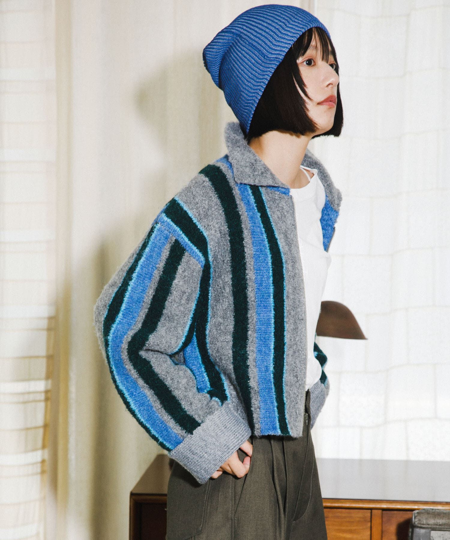  「フロントZIPストライプカーディガン」|カーディガン|