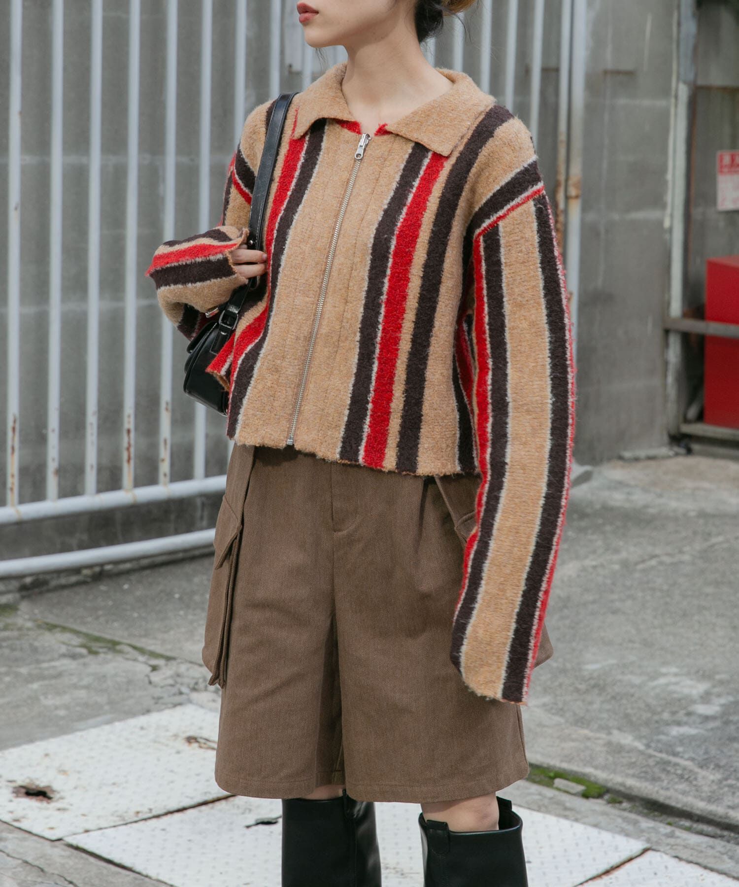  「フロントZIPストライプカーディガン」|カーディガン|ベージュ系その他