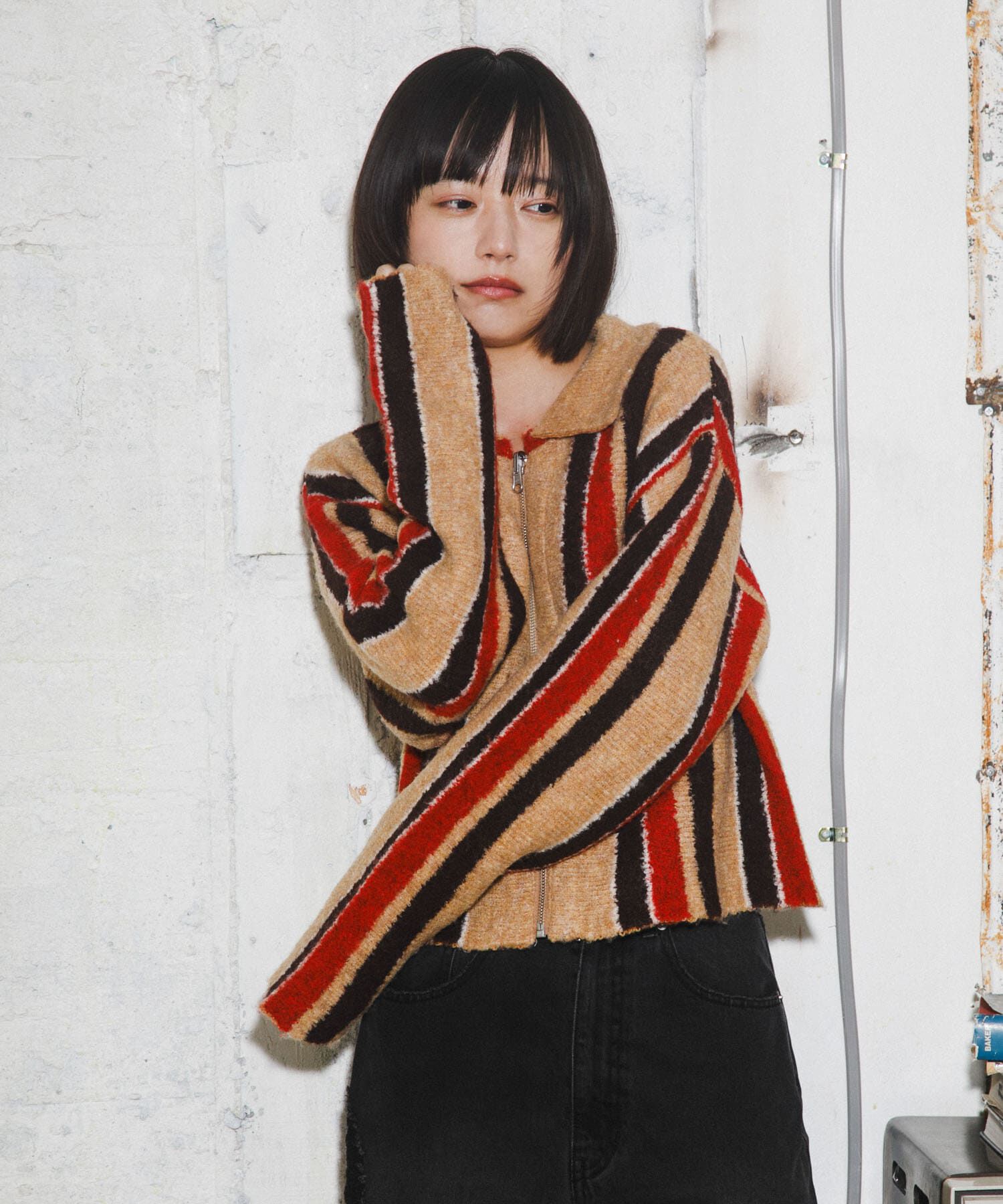  「フロントZIPストライプカーディガン」|カーディガン|