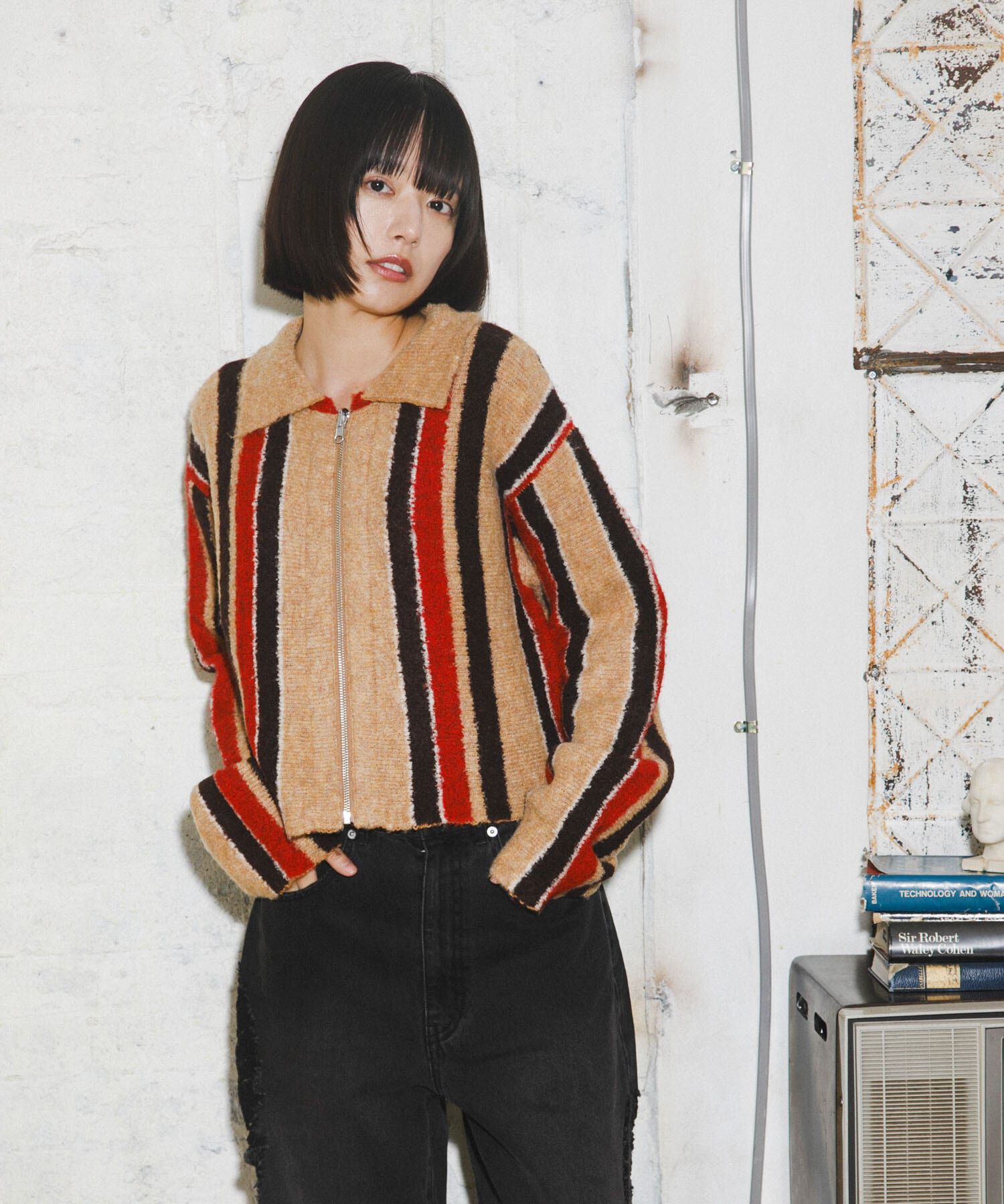  「フロントZIPストライプカーディガン」|カーディガン|