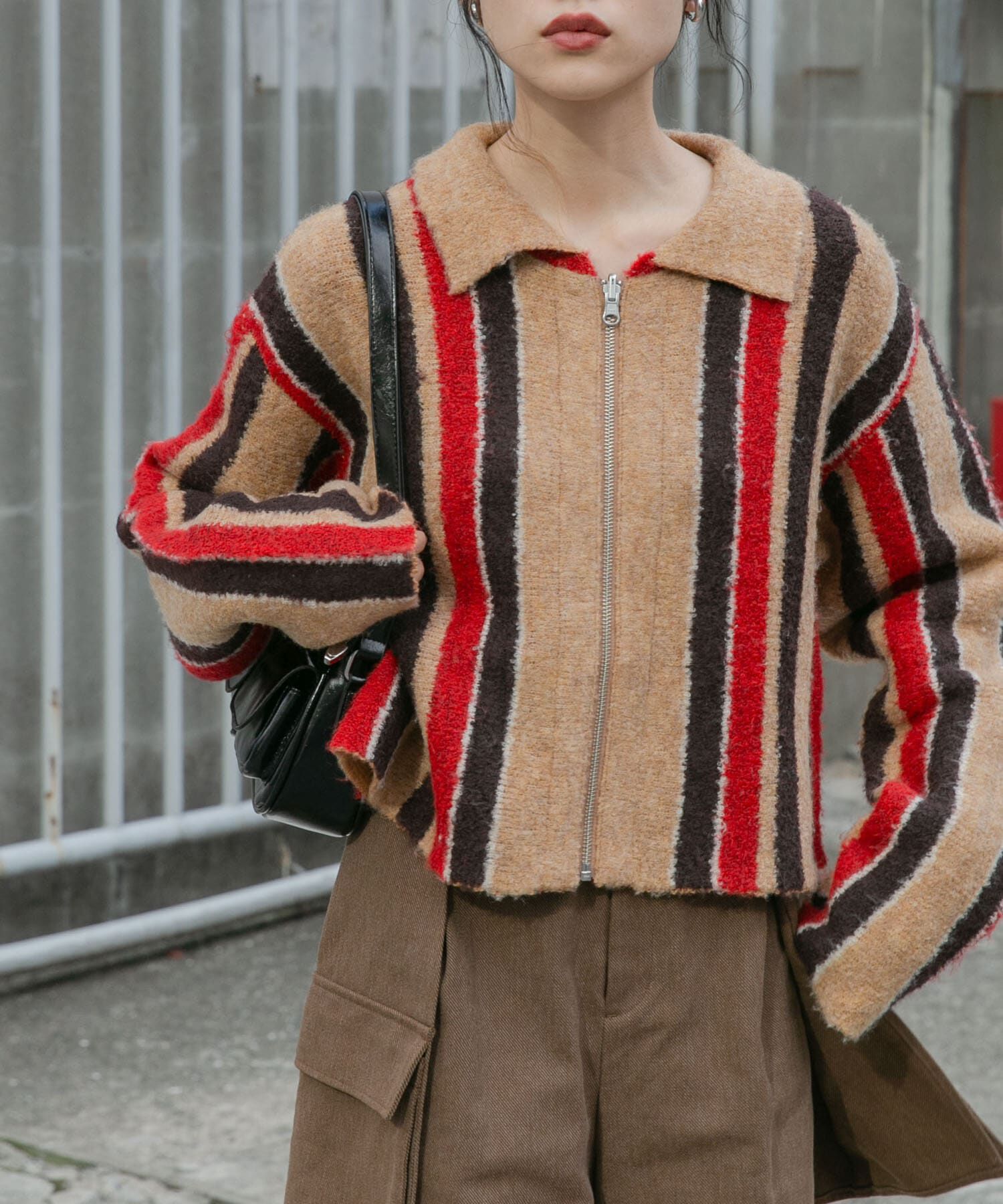  「フロントZIPストライプカーディガン」|カーディガン|