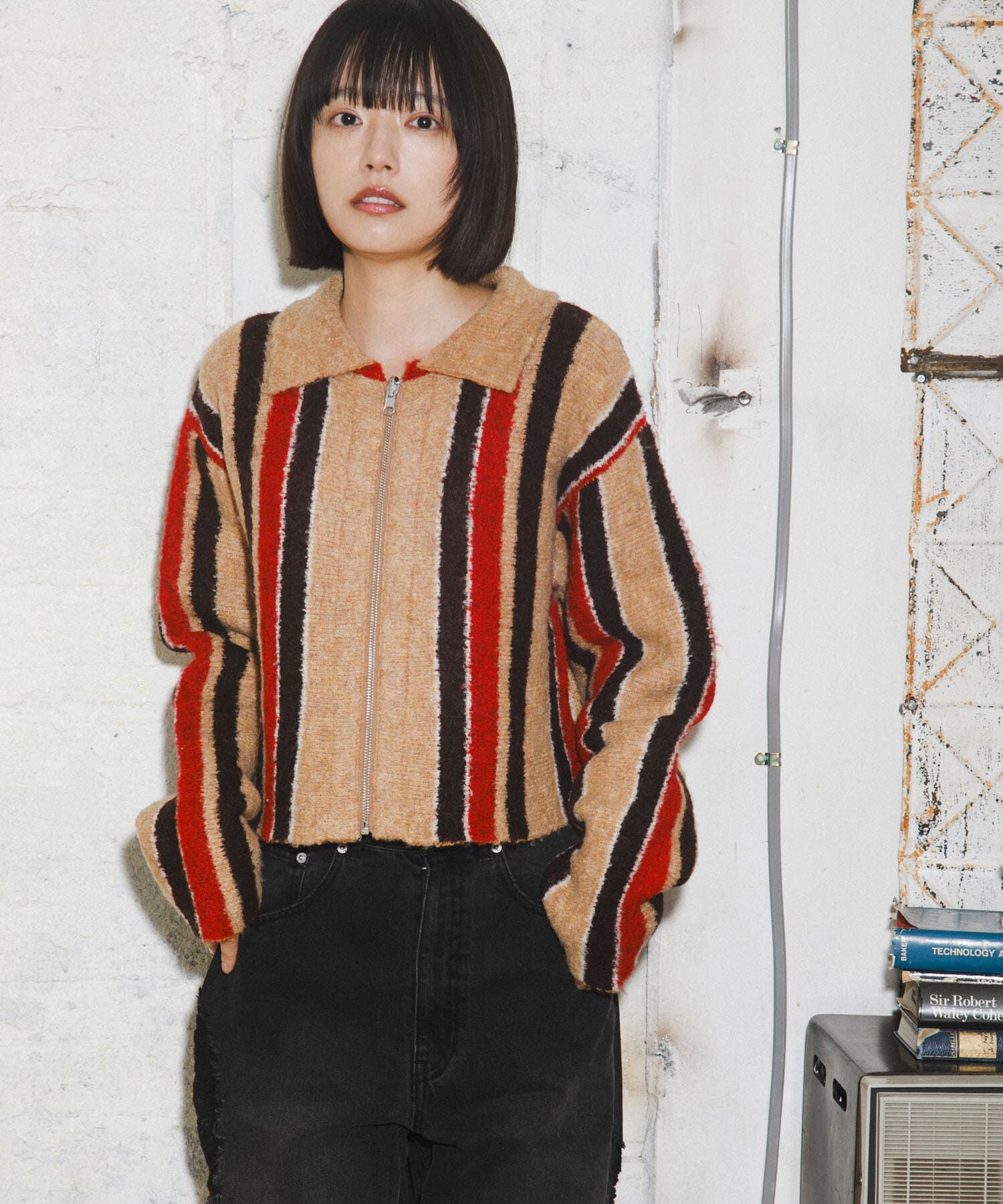  「フロントZIPストライプカーディガン」|カーディガン|