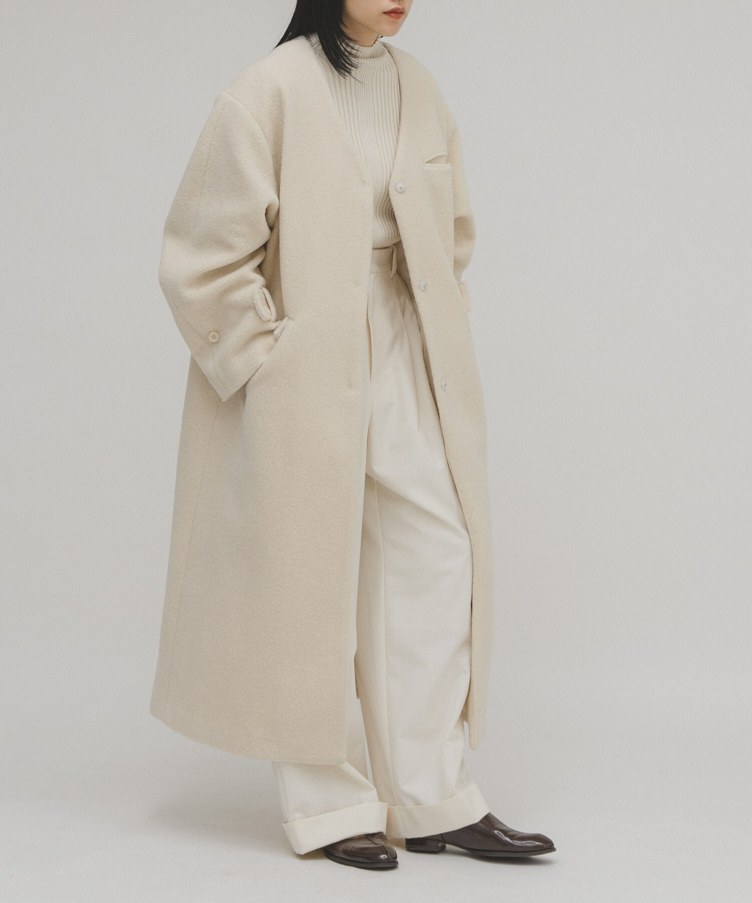  「テディボアロングコート」|ノーカラーコート|