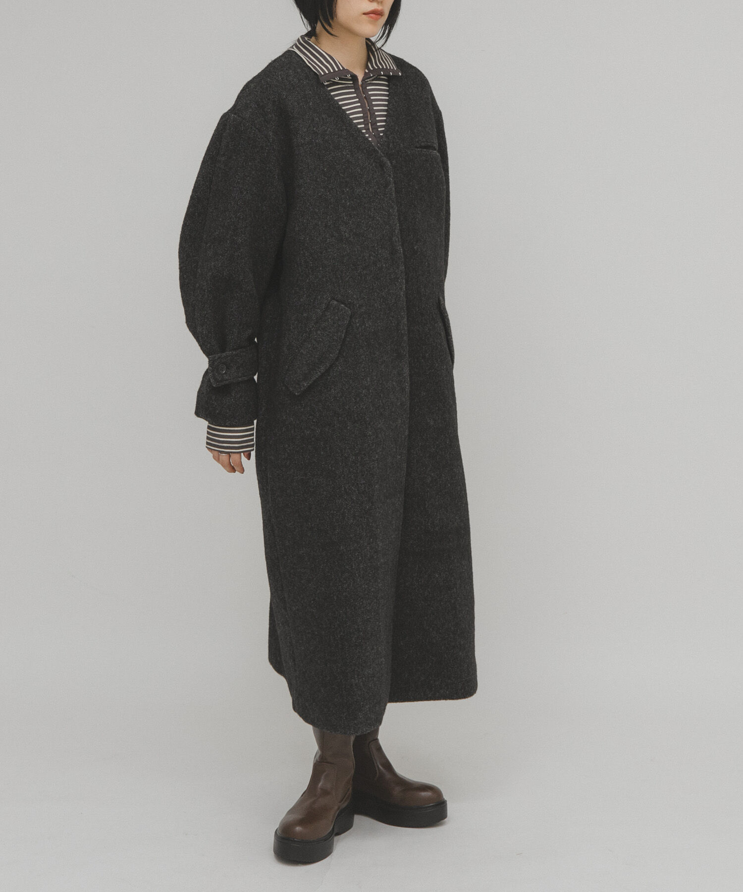  「テディボアロングコート」|ノーカラーコート|チャコールグレー
