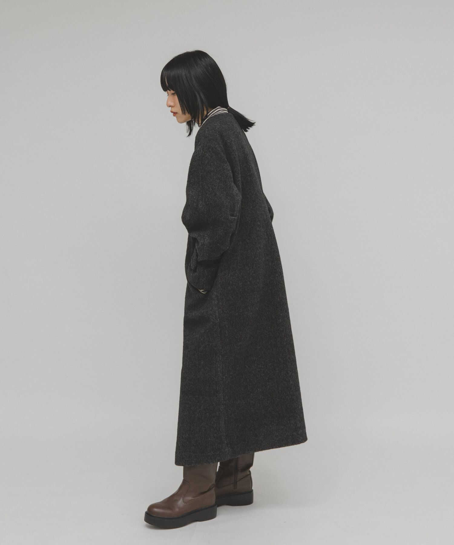  「テディボアロングコート」|ノーカラーコート|
