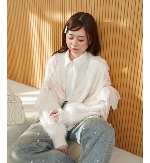 MAJESTICLEGON「レースアップシャギーカーディガン」|カーディガン|ピンク