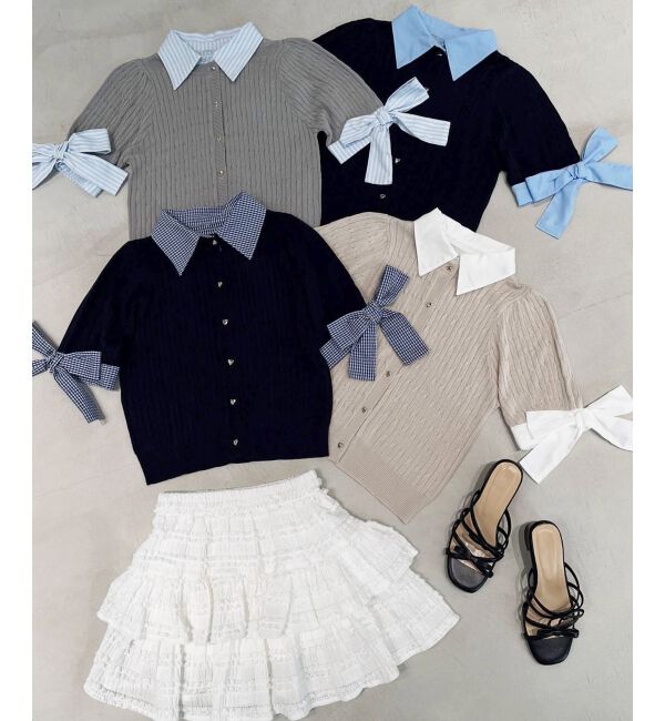  「袖リボンシャツドッキングカーデ」|カーディガン|