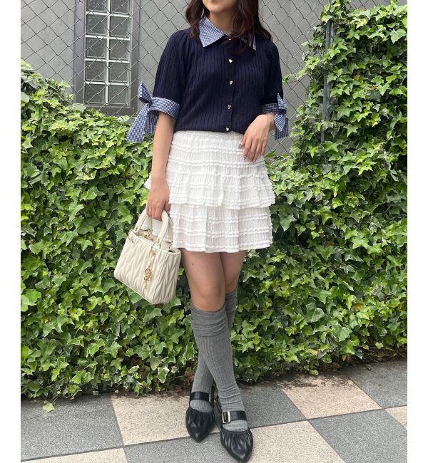  「袖リボンシャツドッキングカーデ」|カーディガン|