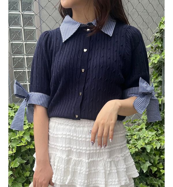 「袖リボンシャツドッキングカーデ」|カーディガン|