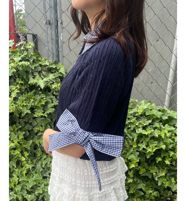  「袖リボンシャツドッキングカーデ」|カーディガン|