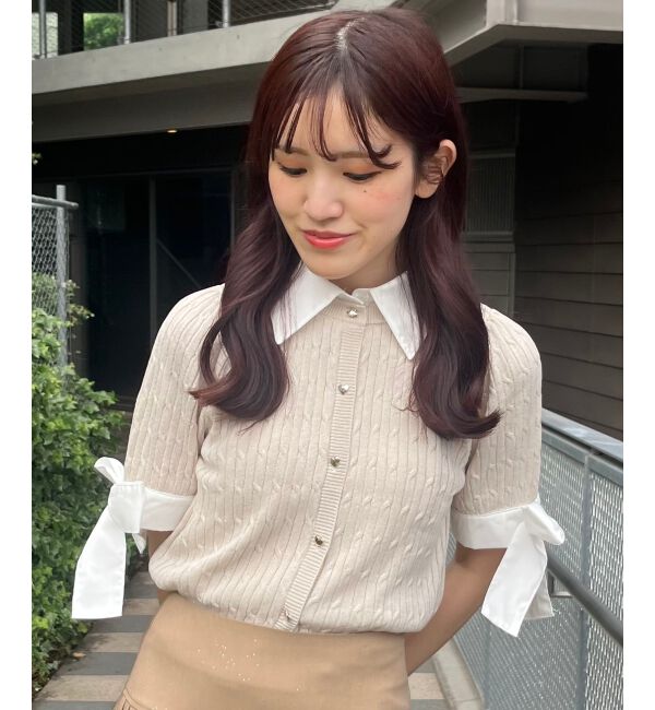  「袖リボンシャツドッキングカーデ」|カーディガン|