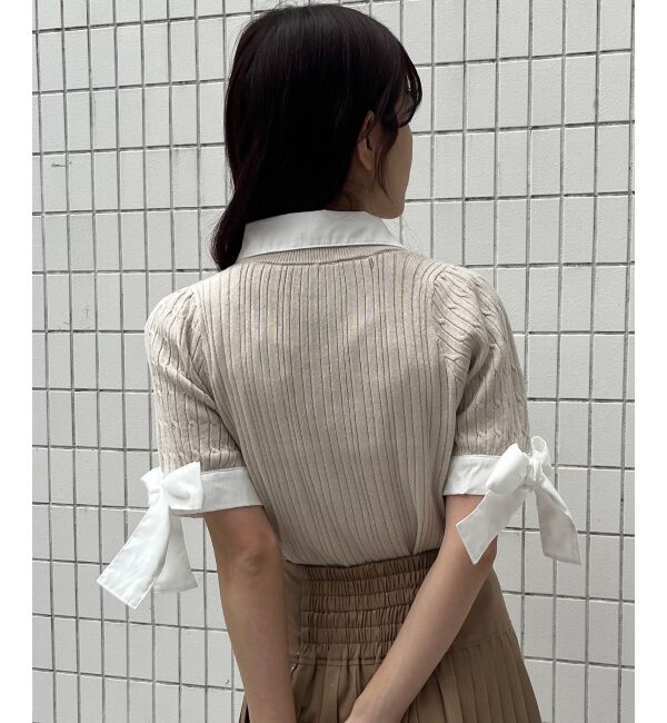  「袖リボンシャツドッキングカーデ」|カーディガン|
