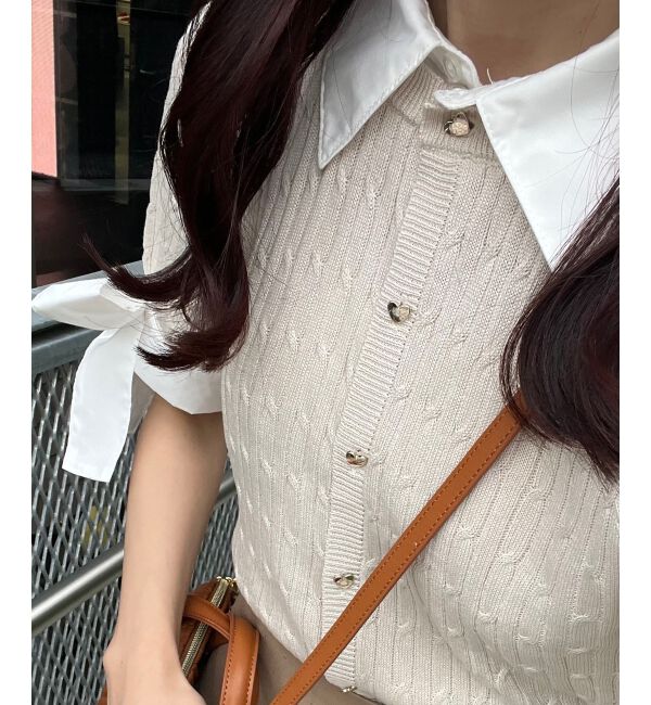  「袖リボンシャツドッキングカーデ」|カーディガン|