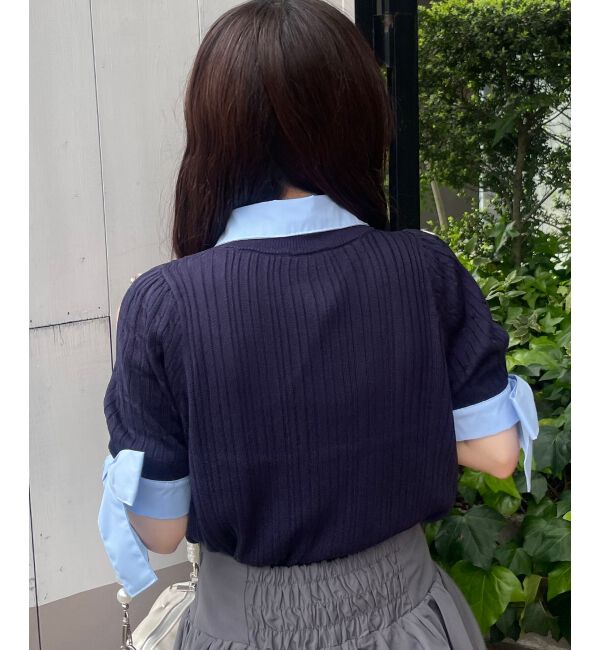  「袖リボンシャツドッキングカーデ」|カーディガン|