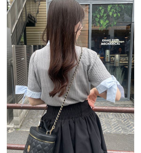  「袖リボンシャツドッキングカーデ」|カーディガン|