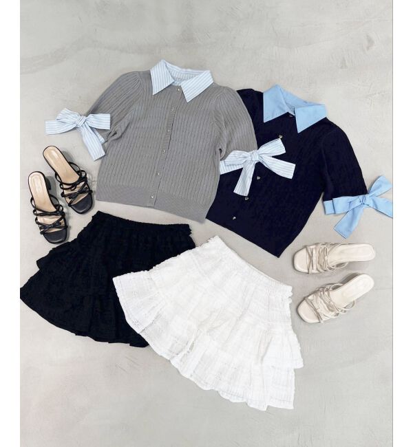  「袖リボンシャツドッキングカーデ」|カーディガン|