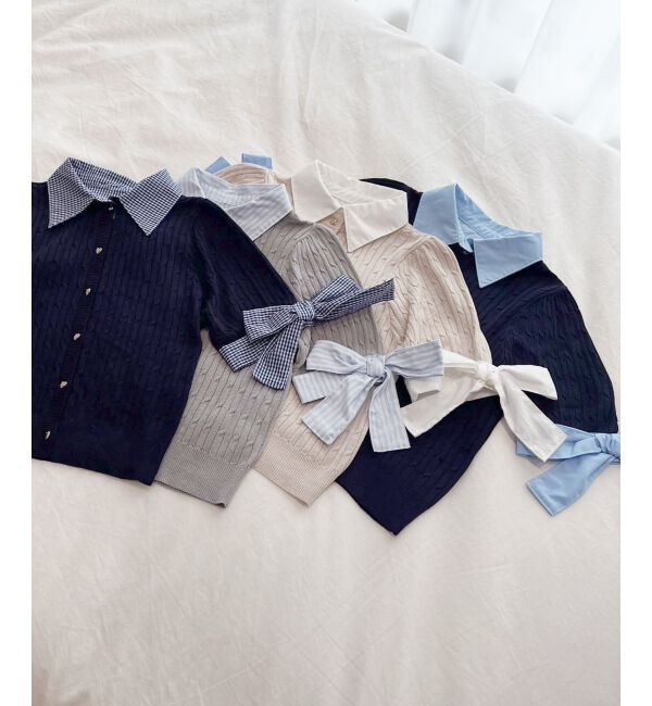  「袖リボンシャツドッキングカーデ」|カーディガン|