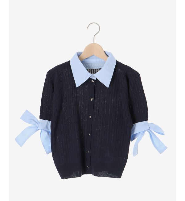  「袖リボンシャツドッキングカーデ」|カーディガン|