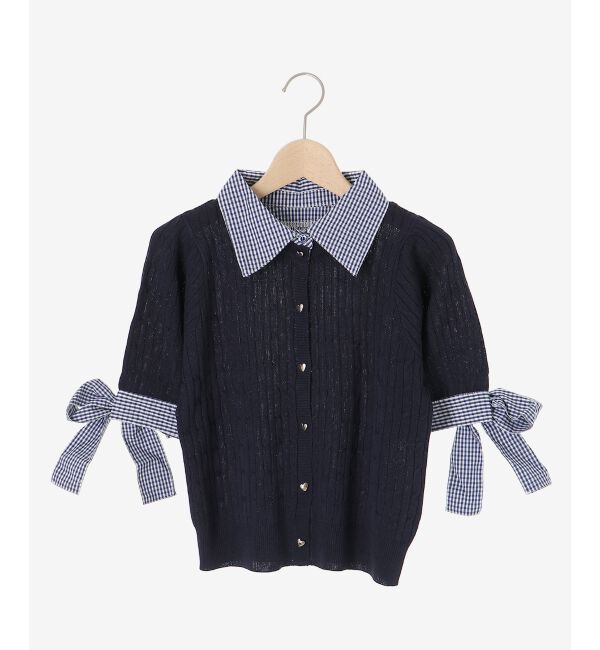  「袖リボンシャツドッキングカーデ」|カーディガン|