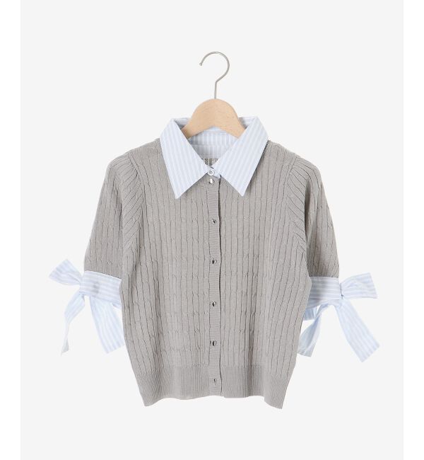  「袖リボンシャツドッキングカーデ」|カーディガン|