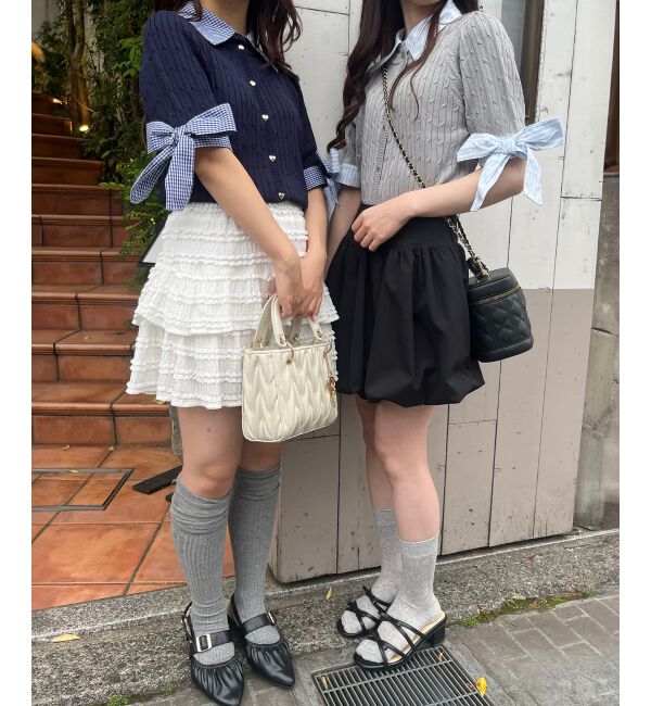  「袖リボンシャツドッキングカーデ」|カーディガン|