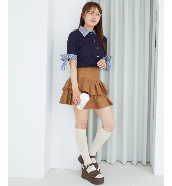  「袖リボンシャツドッキングカーデ」|カーディガン|